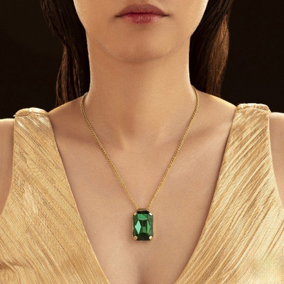 morning star Stylish Gold Chain with Green Pendant and Earring Set Gold-plated Diamond Brass Pendant Set