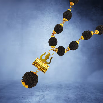 Guruji Gems & Jewellery Loard Shiv VinaashKari Shakti Kavach 5 Mukhi Chamtkaari Rudraksha Mala Gold-plated Beads Brass, Wood Locket Set