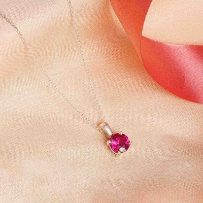 ZALKARI Silver Round Cut Pink Ruby Sterling Silver Pendant Rhodium Cubic Zirconia Sterling Silver Pendant