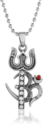 RN Silver Plated CZ Lord Shiv Symbol Trishul with Om Pendant Locket for Men Silver Cubic Zirconia Brass Pendant