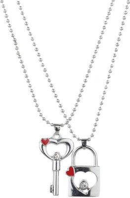 Faizam Collection Dual-locket Key Lock Love Pendant Necklace / Locket Chain Jewellery Silver Stainless Steel Pendant Set