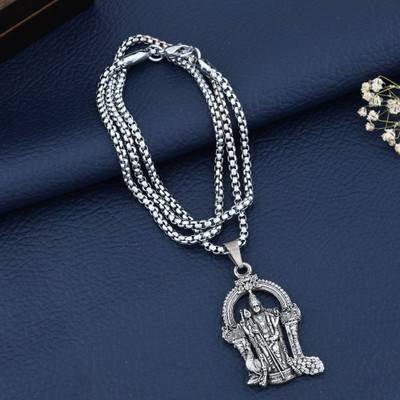 MK Gallery Silver Plated Chain with Lord Murugan Pendant | Men's Religious & Fashion Chain Rhodium Brass Pendant Set