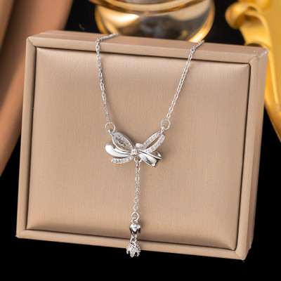 MYKI Elegant Silver-Plated Bow Pendant Necklace with Dangling Charm Silver Stainless Steel Pendant