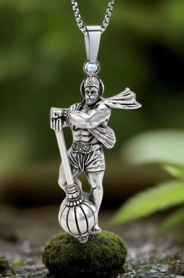 R Art Hanuman Ji With Gada Locket Pendant for Men and Women Silver Stainless Steel Pendant