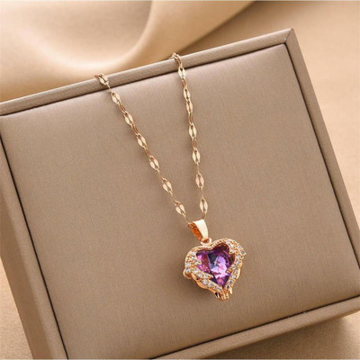 Temora Temora Purple zircon crystal ocean heart pendant with chain rose gold necklace Copper Zircon, Alexandrite, Diamond Stainless Steel Pendant Set