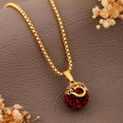 MK Gallery Shree Om Panchmukhi Rudraksha Chain with Gold-Plated Chain Rhodium Brass, Wood Pendant Set