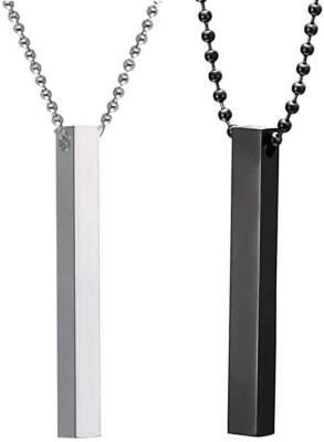 VIANSH Combo Of 2 Pcs 3D Vertical Bar Stick Cuboid Locket Pendant Necklace Ball Chain Black Silver Stainless Steel Pendant Set