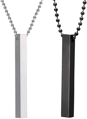 VIANSH Combo Of 2 Pcs 3D Vertical Bar Stick Cuboid Locket Pendant Necklace Ball Chain Black Silver Stainless Steel Pendant Set