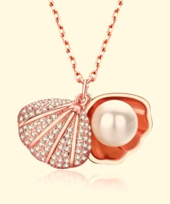 LA MESKEY Rose gold Seashell Charm diamond and pearl pendant chain for girls and women Gold-plated Diamond, Pearl Stainless Steel, Steel Pendant