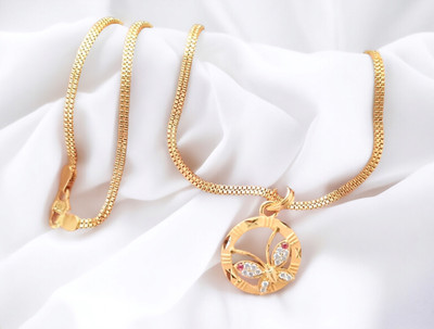 SAPNAPALACE BUTTERFLYY STONE STUDED PENDANT WITH 2 LINE CHAIN Gold-plated Brass Pendant Set