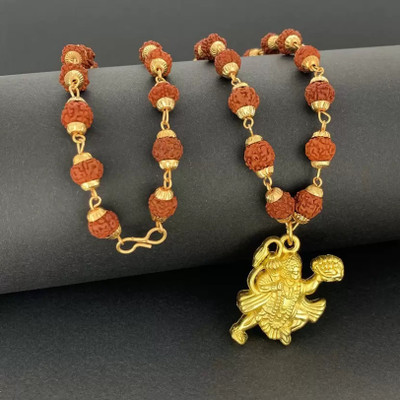 ANVIKA Original 5 Mukhi Rudraksha Golden CapMala With Hanuman Ji Locket Gold-plated Brass Pendant Set