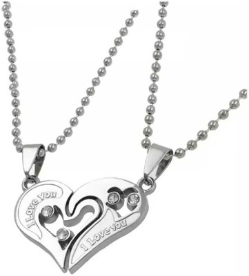 m a enterprises Dual Color Heart Locket with Chain for Couple Stainless Steel Silver White Silver Alloy Pendant Set