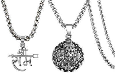 Utkarsh CMB8118 Hanuman Ji & Jai Shri Ram /Teer Locket Pendant Necklace Silver Stainless Steel Pendant Set