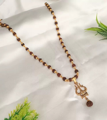 nagaana Natural Rudraksha Mala in High Gold Plated Cap with Trishul Rudraksha Gold-plated Wood Pendant Set