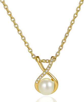 GEMSLAY Infinity Pearl Pendant Necklace with White CZ on Elegant Gold Chain Gold-plated Cubic Zirconia, Pearl Brass Pendant