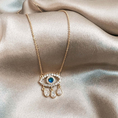 Bauble Cluster Evil Eye Pendant Chains for Girls & Women Necklace Anti Tarnish 18k Gold-plated Cubic Zirconia Stainless Steel Pendant Set