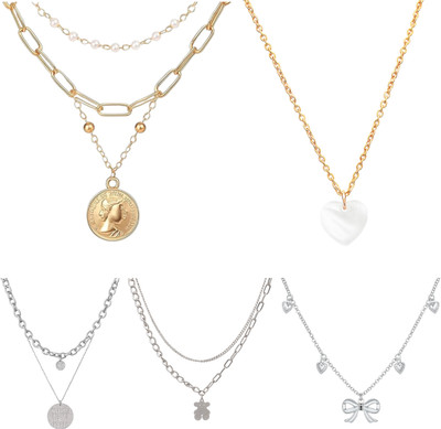 HOMEMATES 5Pcs Golden & Silver plated Multi Shape Traditional Pendant & Necklace Metal Pendant