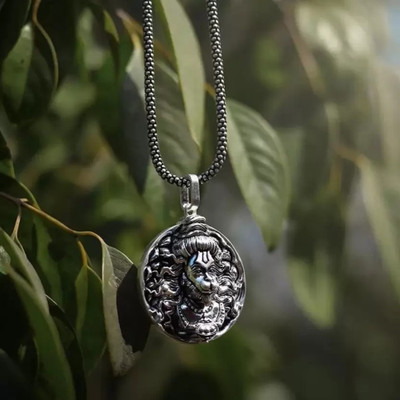 Lyzoo Men's Silver Chain with Hanuman Pendant Rhodium, Silver Alloy, Stainless Steel Locket