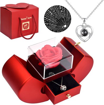 JOVIVI I Love You in 100 Language Heart Necklace With Apple Shape Rose Gift Packing Box Alloy Pendant Set