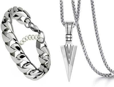 FASHIONOSHA Arrow Pendant Heavy Chain & Silver Plated Bracelet Silver Stainless Steel, Alloy Locket Set