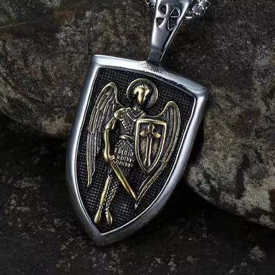 Roadster Saint St Michael Archangel Medal Shield Pendant Mythological Catholic AngelGuard Stainless Steel Pendant Set