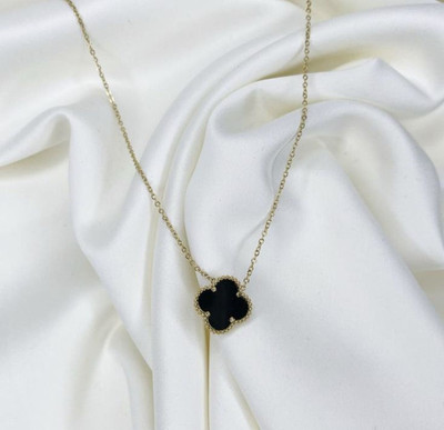 MINIQUE ERA Gold-Plated Four-Leaf Clover Pendant Necklace for Women Black Enamel Center Stainless Steel
