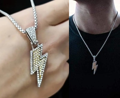 Your next choice Icy Bling Lightning Bolt Pendant Necklace with Chain For Mens Rhodium, Gold-plated, Silver Cubic Zirconia, Alexandrite Titanium Locket