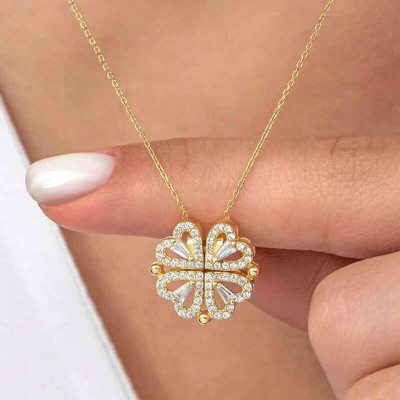 MRIDU Diamond Four-Leaf Clover Folding Heart Locket Pendant Set (Gold) Copper Cubic Zirconia Stainless Steel Pendant Set
