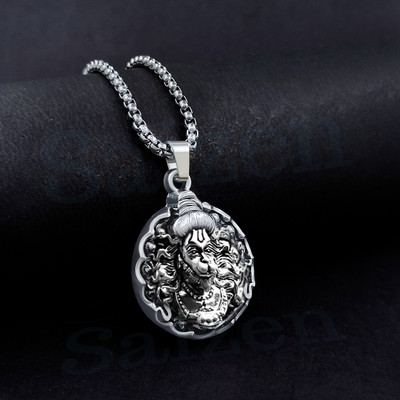 Saizen Silver Plated Hanuman Pendant Locket with chain For Men And Boys Silver Stainless Steel Pendant Set