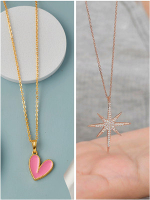 Divastri Korean jewellery Gold Plated Pendant and chain for Girls/Women 2 Combo Gold-plated Pearl Brass Pendant Set