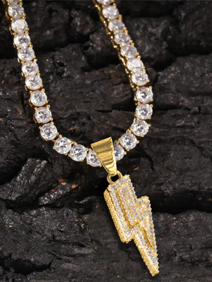 Krenoz Hip Hop CZ Lightning Bolt Thunder Pendant for Men Rapper Zirconia Necklace Gold-plated Zircon Alloy Pendant Set