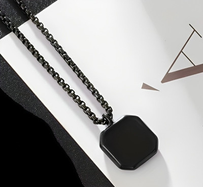 Animated F 175_JSE-black cube pure Black Silver Stone Pendant Set