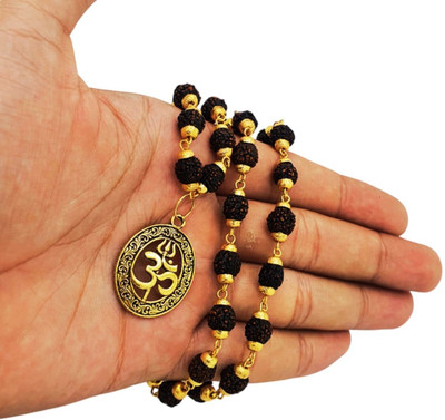 JagatguruShop Rudraksha Mala with Silver-Plated Cap With Shiv/Om/Mahakal Pendal For Unisex Gold-plated Beads Brass, Wood Locket