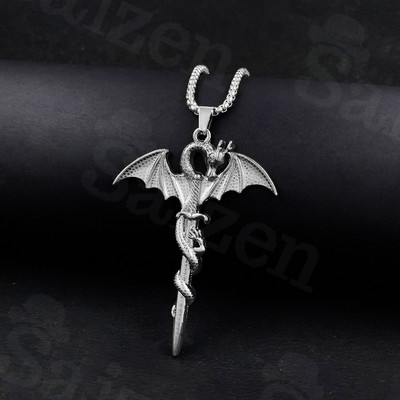 Trinkets Silver Dragon Pendant with Box Chain for Unisex Rhodium Stainless Steel Locket Set