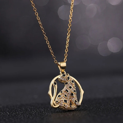 vien Elegant Gold Cat Pendant Necklace for Women | Black & White Stone Design Gold-plated Cubic Zirconia Stainless Steel Pendant Set
