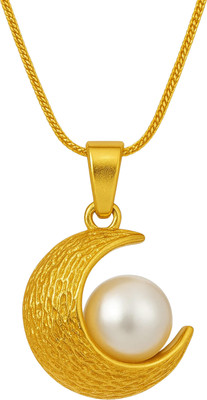NEWLET HUB Gold Plated Crescent Moon Pearl Pendant Necklace for Women & Girls Gold-plated Pearl Stainless Steel Pendant