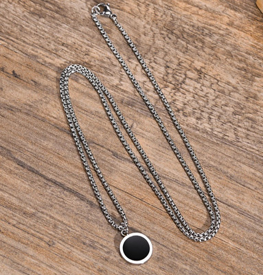Whitechimes (2 Pcs) Silver Dripping Glue Black Round Stone Locket Pendant Necklace Box Chain Stainless Steel Locket Set