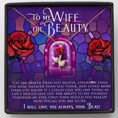 FABUNORA Best Romantic Gift for Wife - Pure Silver Red Rose Necklace Gift Set Gold-plated Cubic Zirconia Steel Pendant