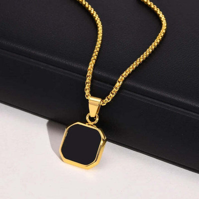 Lyzoo Men And Women Black Onyx Octagon Inlay Square Pendant Amulet Pendant Silver Stainless Steel Pendant
