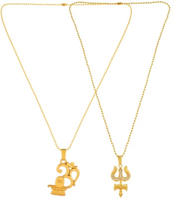 BRBRIK Gold Plated CZ Combo Lord Shivling with Om Trishul Pendant Locket for Men Gold-plated Cubic Zirconia Brass Pendant