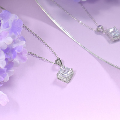 RACHIVA Modern Square Zircon Silver Pendant with Link Chain Rhodium Zircon Sterling Silver Pendant Set