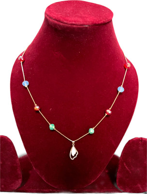 Ratnalok Elegant Multicolor Beaded Chain Necklace with Dual Leaf Pendant for Women Gold-plated Alexandrite Alloy Pendant