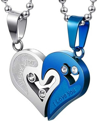 MEENAZ i love you necklace 2 pendant chain lovers heart love valentine propose couple Sterling Silver, Silver Zircon, Diamond, Cubic Zirconia, Crystal Metal, Alloy, Copper, Brass, Stainless Steel, Steel, Stone Pendant Set