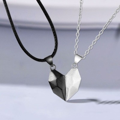 ShobhRam Matching Magnetic Heart Couples Pendant for Lovers, Valentine day Gift Black Silver Stainless Steel Pendant Set