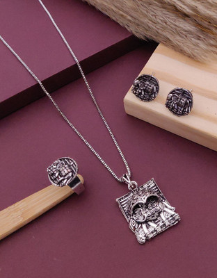 SHIVAY FASHION HUB Khodalkrupa Jewellery Designer Alloy Oxodize Chain Pendant with earring and ring Silver Diamond Alloy Pendant Set