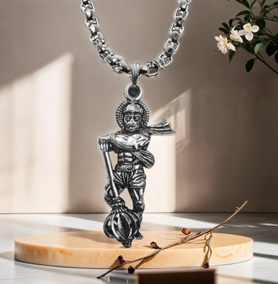 BigWheels JAR0701 Shri Ram Bhakt Bajrangbali Hanuman Ji Locket Pendant Necklace Box Chain Silver Stainless Steel Pendant Set