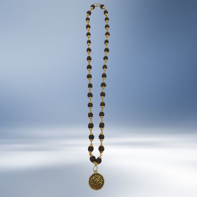 Radhika Collection Most Beautiful Shiv Damru Dotted Locket Pendant With 5 Mukhi Rudraksha Mala Gold-plated Beads Brass, Wood Pendant