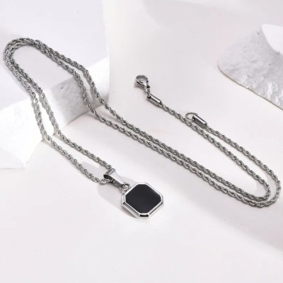 Lyzoo Men And Women Black Onyx Octagon Inlay Square Pendant Amulet Pendant Silver Agate Stainless Steel Pendant