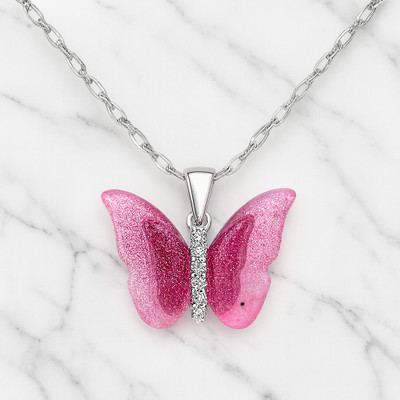 KYOOT JEWELS JEWELS Pink Butterfly Pendant Necklace Silver Cubic Zirconia Alloy Pendant