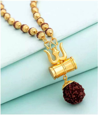 VRIDAANN Shiv Shakti Kavach Exclusive 5 Mukhi Rudraksha Mala with Trishul and Damru Gold-plated Brass Pendant Set